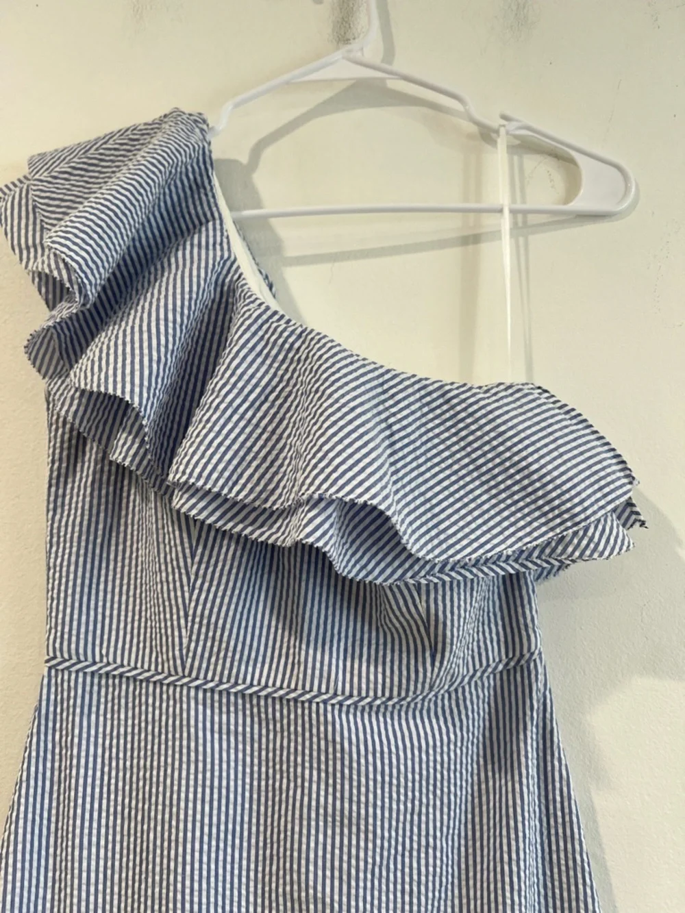 J. Crew Blue and White One-Shoulder Ruffle Dress 00